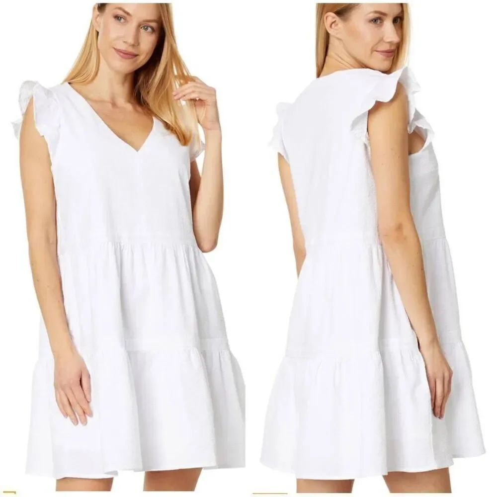 Southern Tide Evelyn Seersucker Tiered Mini Dress White Size Medium